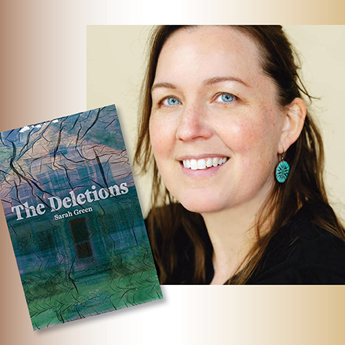 A book titled The Deletions by Sarah Green is present next to a photo of a woman with brown hair and blue earring